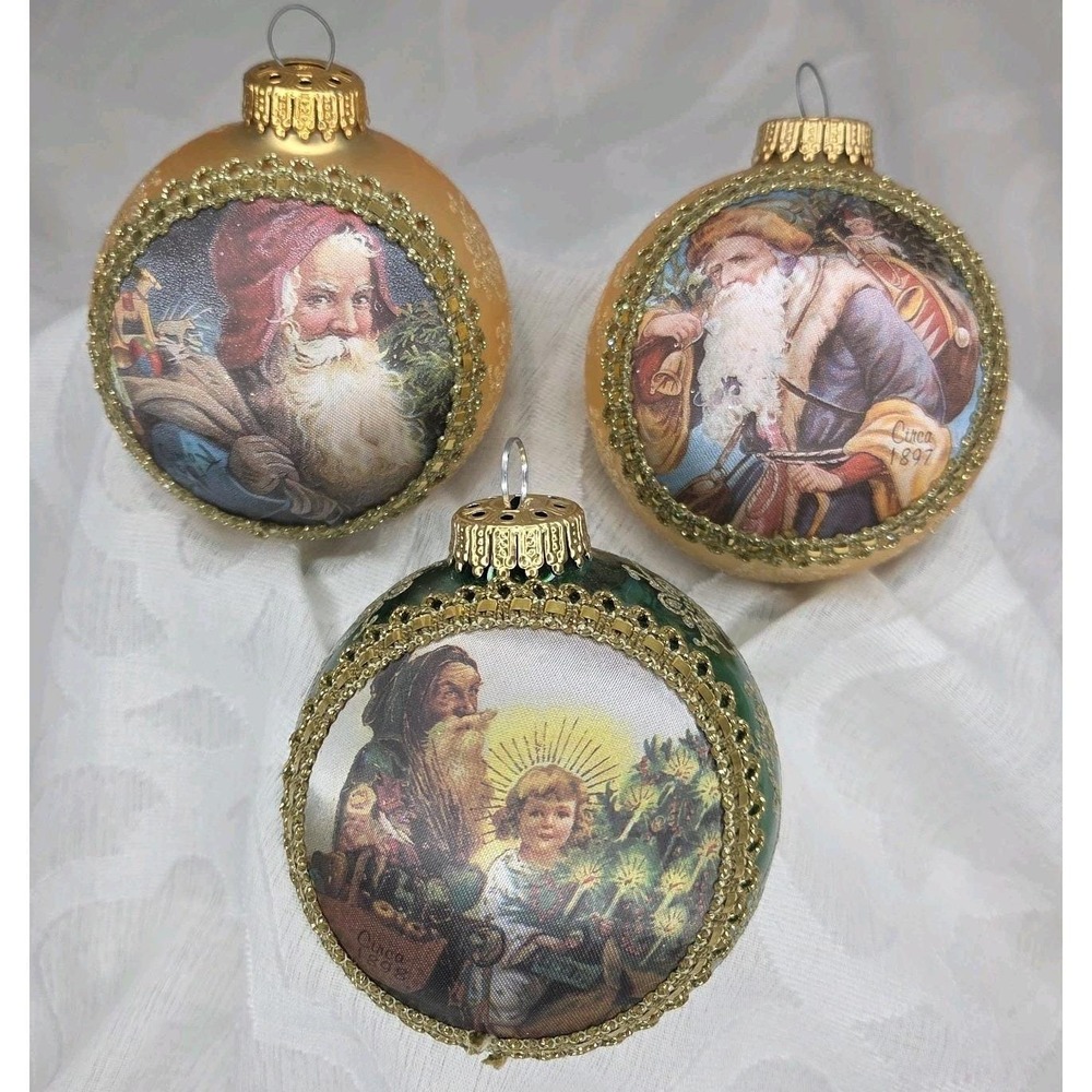 Vintage West Germany Glass Ornaments Set of 3 Victorian Santa Old World Christm
